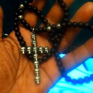 Stainless steel skull cross with with lava rock obsidian necklace